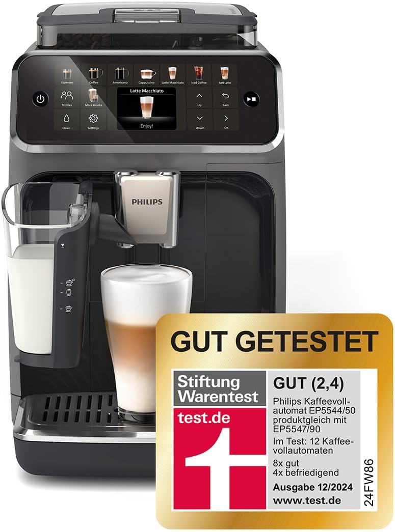 PHILIPS Serie 5500 Kaffeevollautomat – LatteGo Milchsystem, 20 heiße und kalte Kaffeespezialitäten, 40% leiser mit SilentBrew, QuickStart, Schwarz/Grau (EP5544/50)