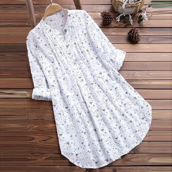 Women's Long Sleeve Floral Pleated Casual Blouse T-Shirt Waist Women's Blouse with V-Neck Women's Top Sleeveless