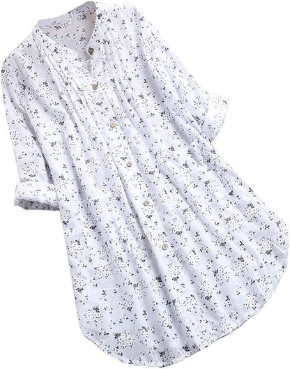 Women's Long Sleeve Floral Pleated Casual Blouse T-Shirt Waist Women's Blouse with V-Neck Women's Top Sleeveless