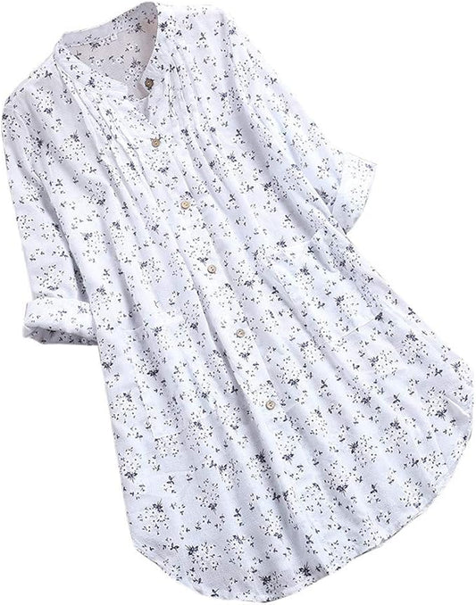 Women's Long Sleeve Floral Pleated Casual Blouse T-Shirt Waist Women's Blouse with V-Neck Women's Top Sleeveless
